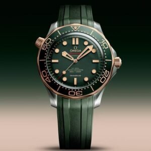 Omega Seamaster Diver 300M Automatic Men's Watch featuring a black dial, black ceramic bezel, sapphire crystal glass, date display, Japanese automatic movement, silicone strap, and transparent exhibition case back.