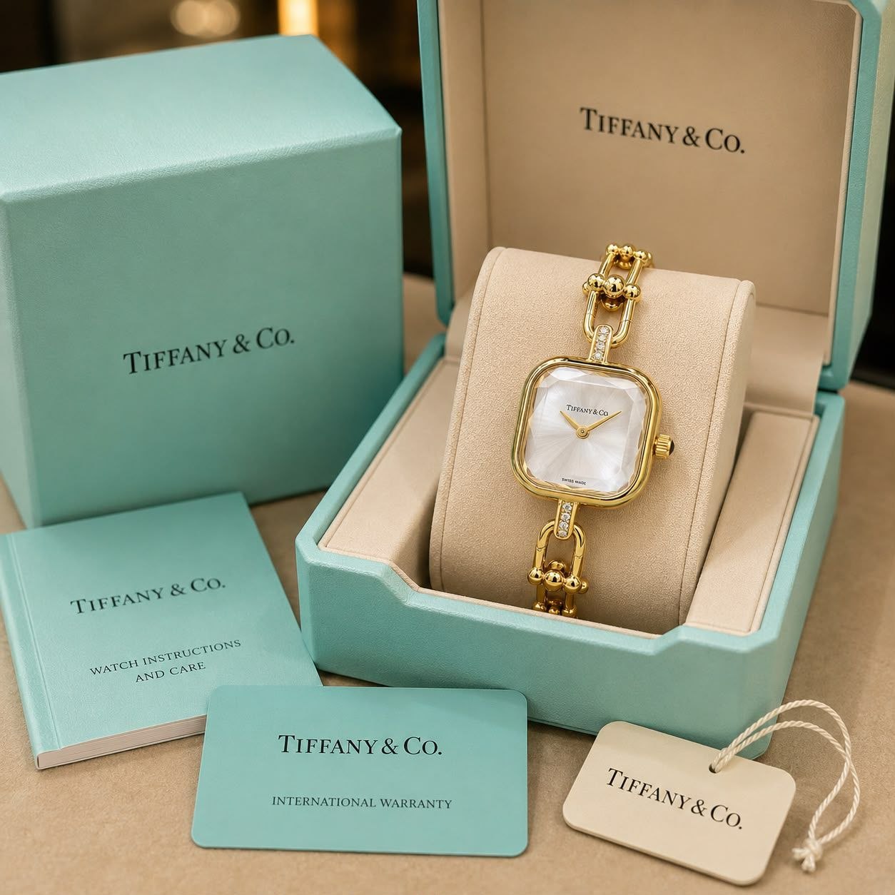 Tiffany & Co. HardWear Women’s Watch – Pearl White Dial with Gold-Tone Bracelet & Elegant Square Case Tiffany & Co. HardWear Women's Watch featuring a pearl white sunray dial, gold-tone HardWear link bracelet, elegant square case, diamond-style accents, and luxury-inspired feminine styling.