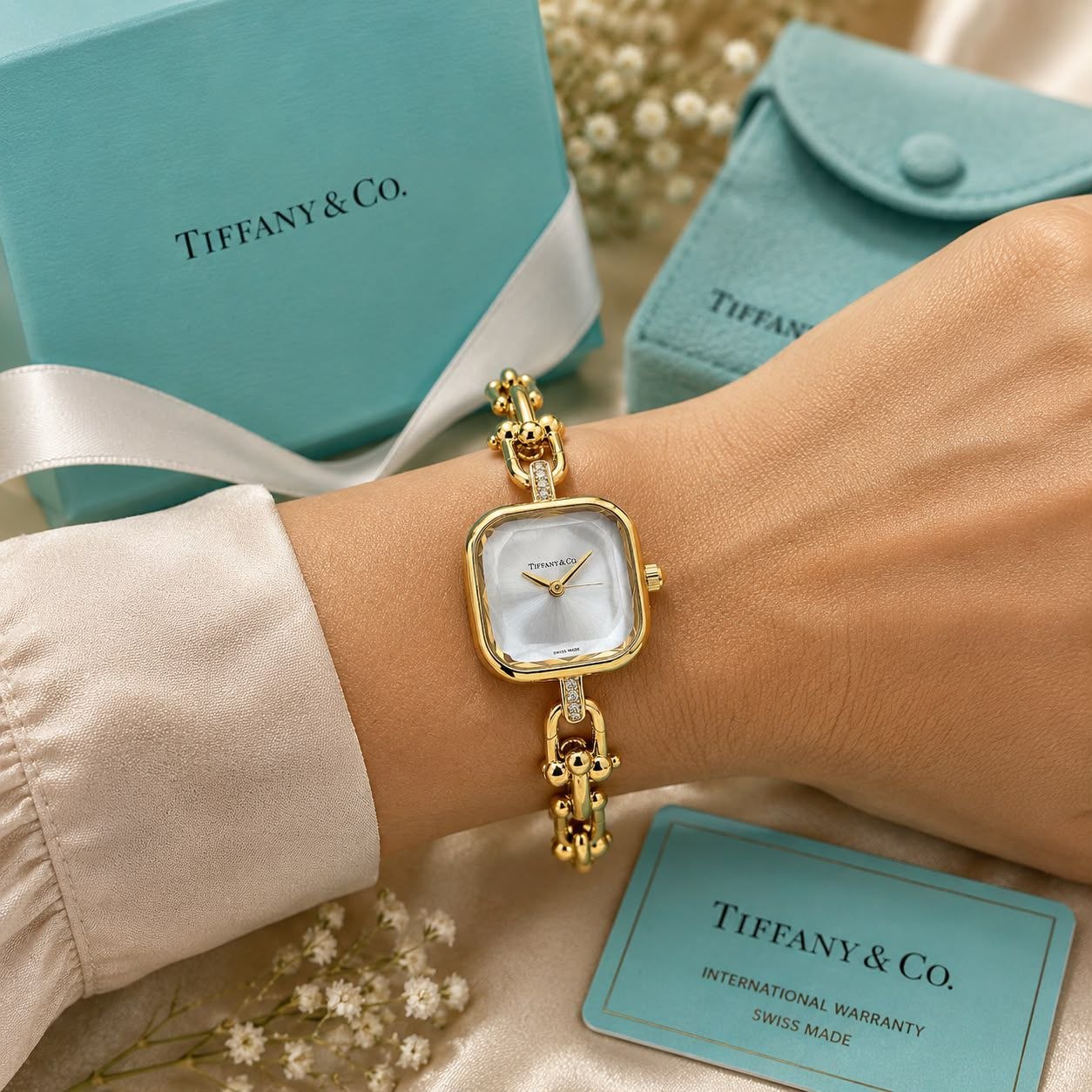 Tiffany & Co. HardWear Women's Watch featuring a pearl white sunray dial, gold-tone HardWear link bracelet, elegant square case, diamond-style accents, and luxury-inspired feminine styling. Tiffany & Co. HardWear Women's Watch – Pearl White Dial with Gold-Tone Bracelet & Elegant Square Case