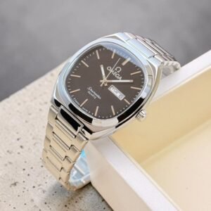 Omega men's analog watch featuring a classic round case, stainless steel chain bracelet, working day and date display, quartz movement, and luxury-inspired styling.