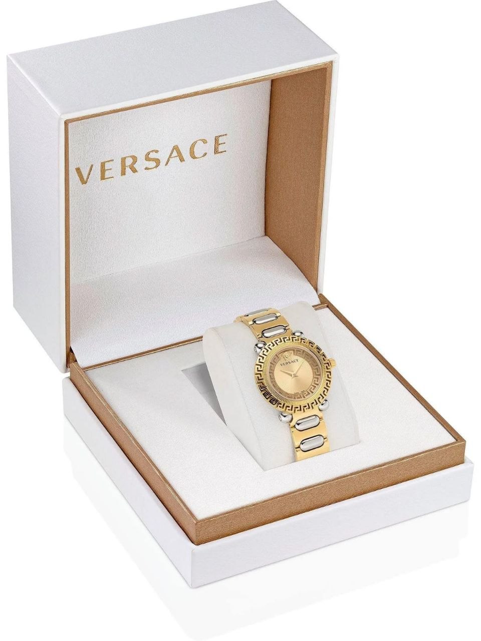 Versace VE6I00423 Women’s Watch featuring a luxurious gold dial, two-tone stainless steel bracelet, iconic Greek Key bezel, scratch-resistant mineral glass, and reliable quartz movement. Versace VE6I00423 women's watch featuring a luxurious gold dial, two-tone stainless steel bracelet, iconic Greek Key bezel design, mineral glass protection, and elegant luxury-inspired styling.