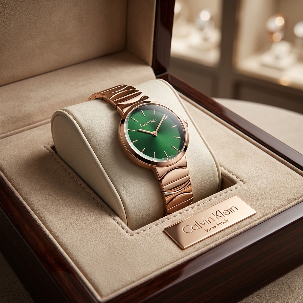 Calvin Klein Women's Rose Gold Watch – Green Dial with Stainless Steel Bracelet & Quartz Movement Calvin Klein Women's Rose Gold Watch featuring a green dial, three-hand analog display, stainless steel bracelet strap, quartz movement, and elegant minimalist luxury-inspired styling.