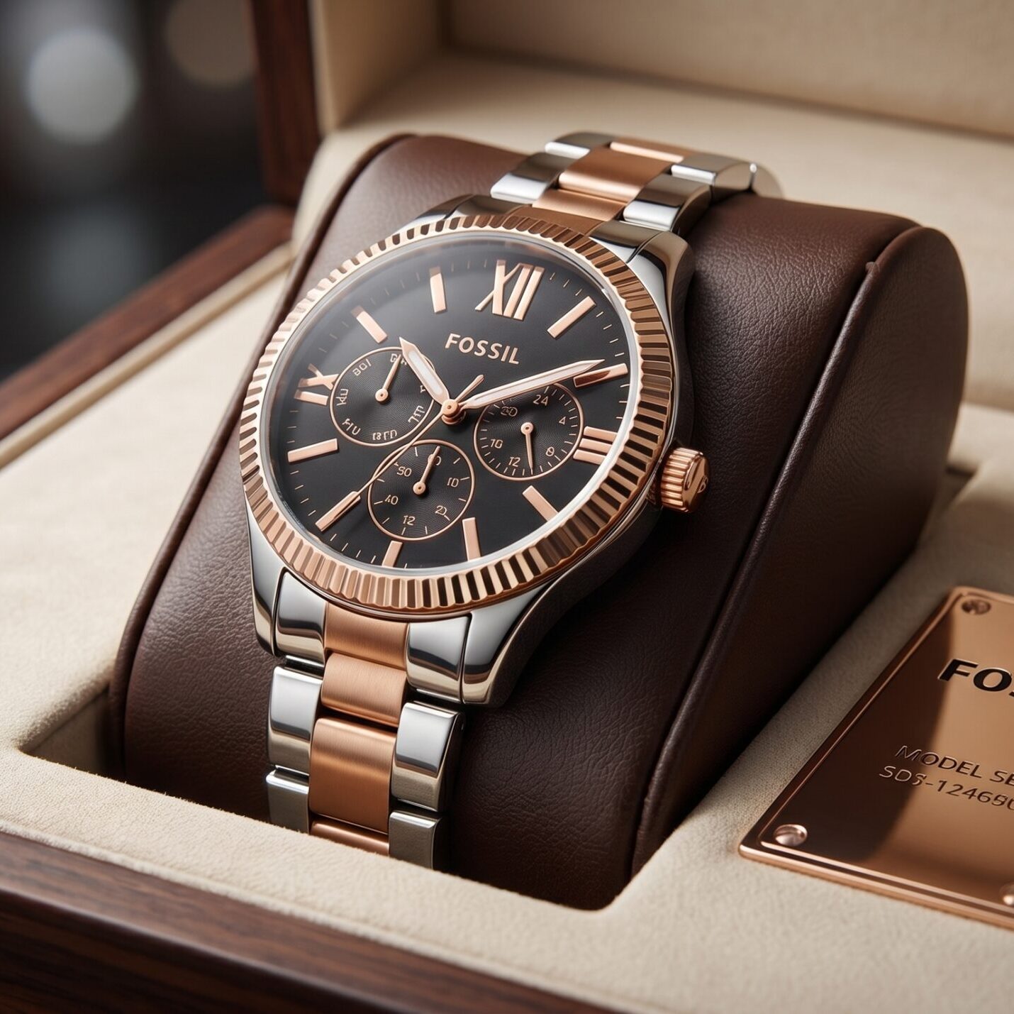 Fossil Rey Women's Multifunction Watch – Two-Tone Stainless Steel Bracelet with Black Dial & Rose Gold Bezel Fossil Rey Women's Multifunction Watch featuring a black dial, day-date-24 hour display, elegant rose gold bezel, two-tone stainless steel bracelet, and reliable battery-operated movement.