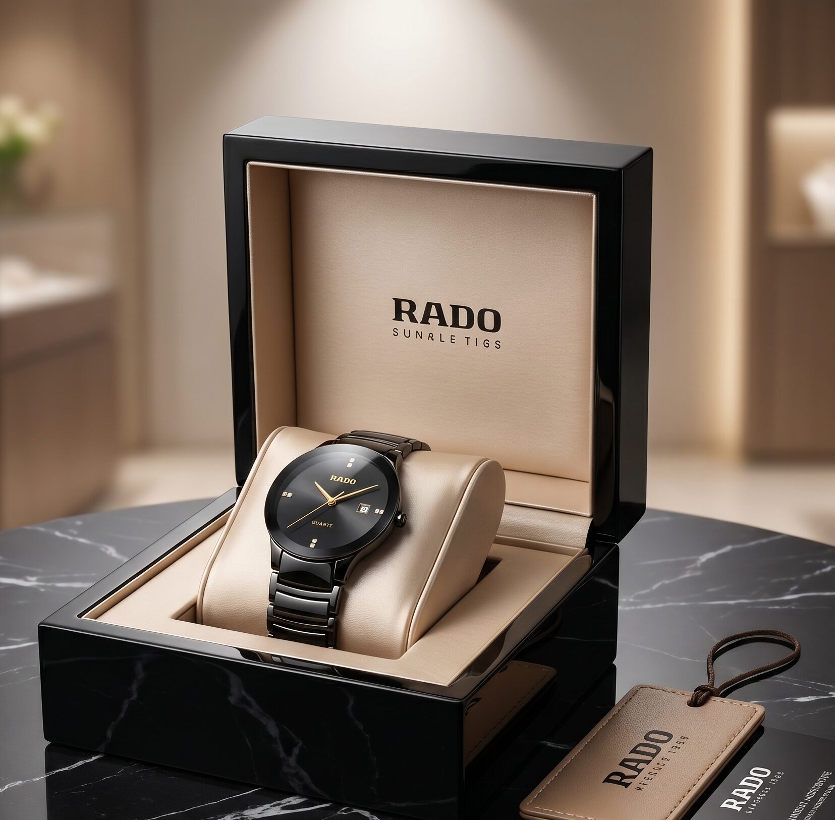 Rado True Round Thinline men's watch featuring a mother-of-pearl inspired double-layer dial, diamond-cut glass, ceramic-inspired finish, slim case design, and elegant luxury styling. Rado True Round Thinline men's watch featuring a mother-of-pearl inspired double-layer dial, diamond-cut glass, ceramic-inspired finish, slim case design, and elegant luxury styling.
