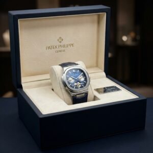 Patek Philippe Genève men's watch featuring a 42mm case, working chronograph dial, premium leather strap, open case back design, mineral glass protection, and luxury-inspired styling.