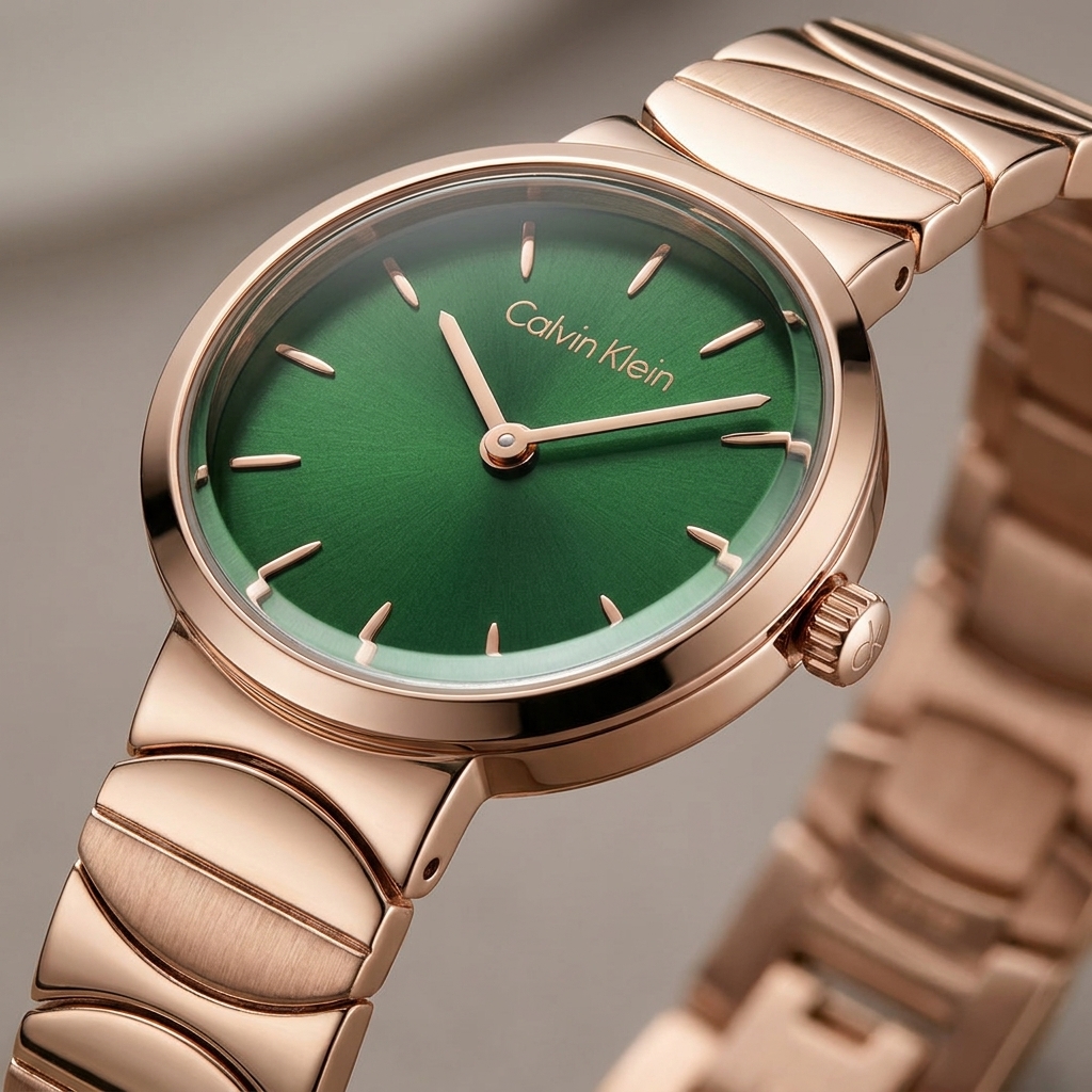 Calvin Klein Women’s Rose Gold Watch – Green Dial with Stainless Steel Bracelet & Quartz Movement Calvin Klein Women's Rose Gold Watch featuring a green dial, three-hand analog display, stainless steel bracelet strap, quartz movement, and elegant minimalist luxury-inspired styling.