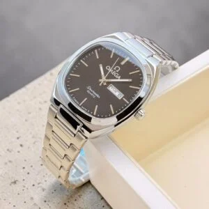 Omega men's analog watch featuring a classic round case, stainless steel chain bracelet, working day and date display, quartz movement, and luxury-inspired styling.