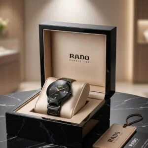 Rado True Round Thinline men's watch featuring a mother-of-pearl inspired double-layer dial, diamond-cut glass, ceramic-inspired finish, slim case design, and elegant luxury styling.