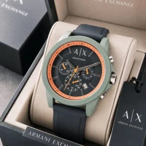 Armani Exchange Outerbanks Chronograph Men's Watch with full black textured dial, working chronograph sub-dials, date display, black fiber strap, and premium designer-inspired styling.