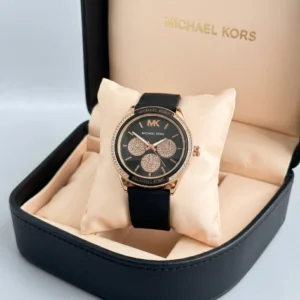 Michael Kors Women's Chronograph Watch with premium silicone strap, stainless steel case, functional chronograph display, quartz movement, and luxury-inspired designer styling.
